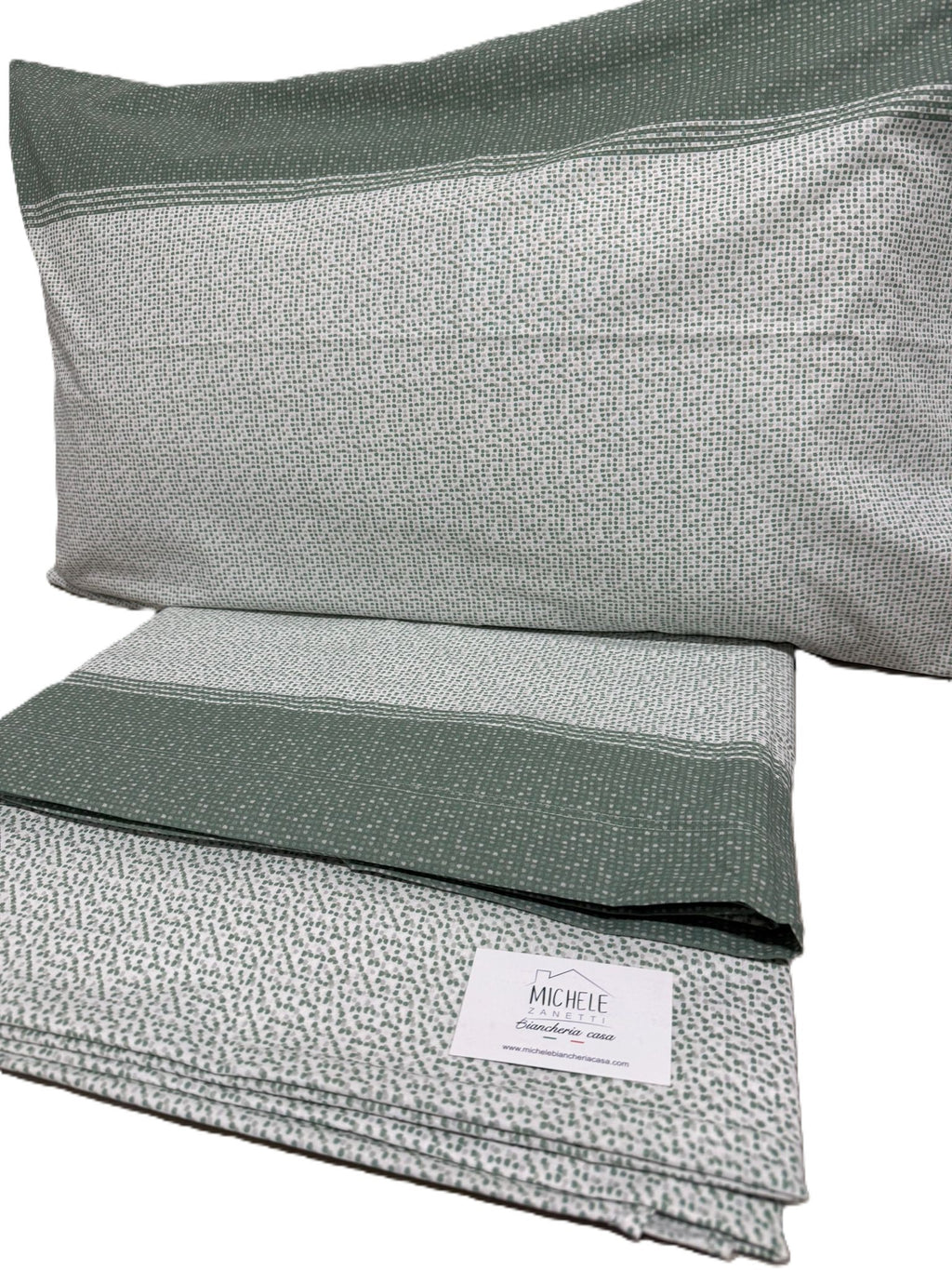 Completo Lenzuola Matrimoniale in cotone fantasia Puntinato Verde, prodotto italiano