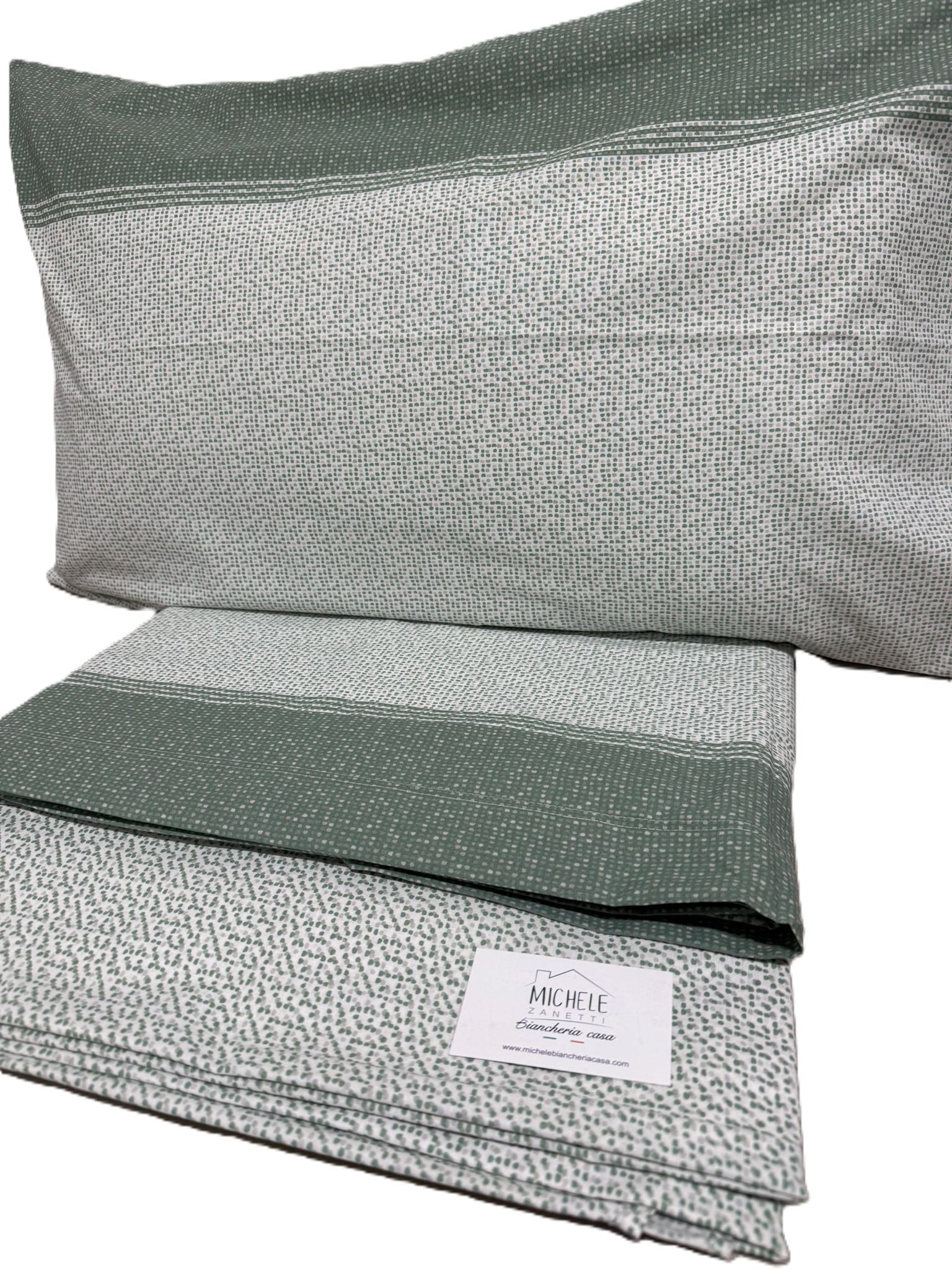 Completo Lenzuola Matrimoniale in cotone fantasia Puntinato Verde, prodotto italiano