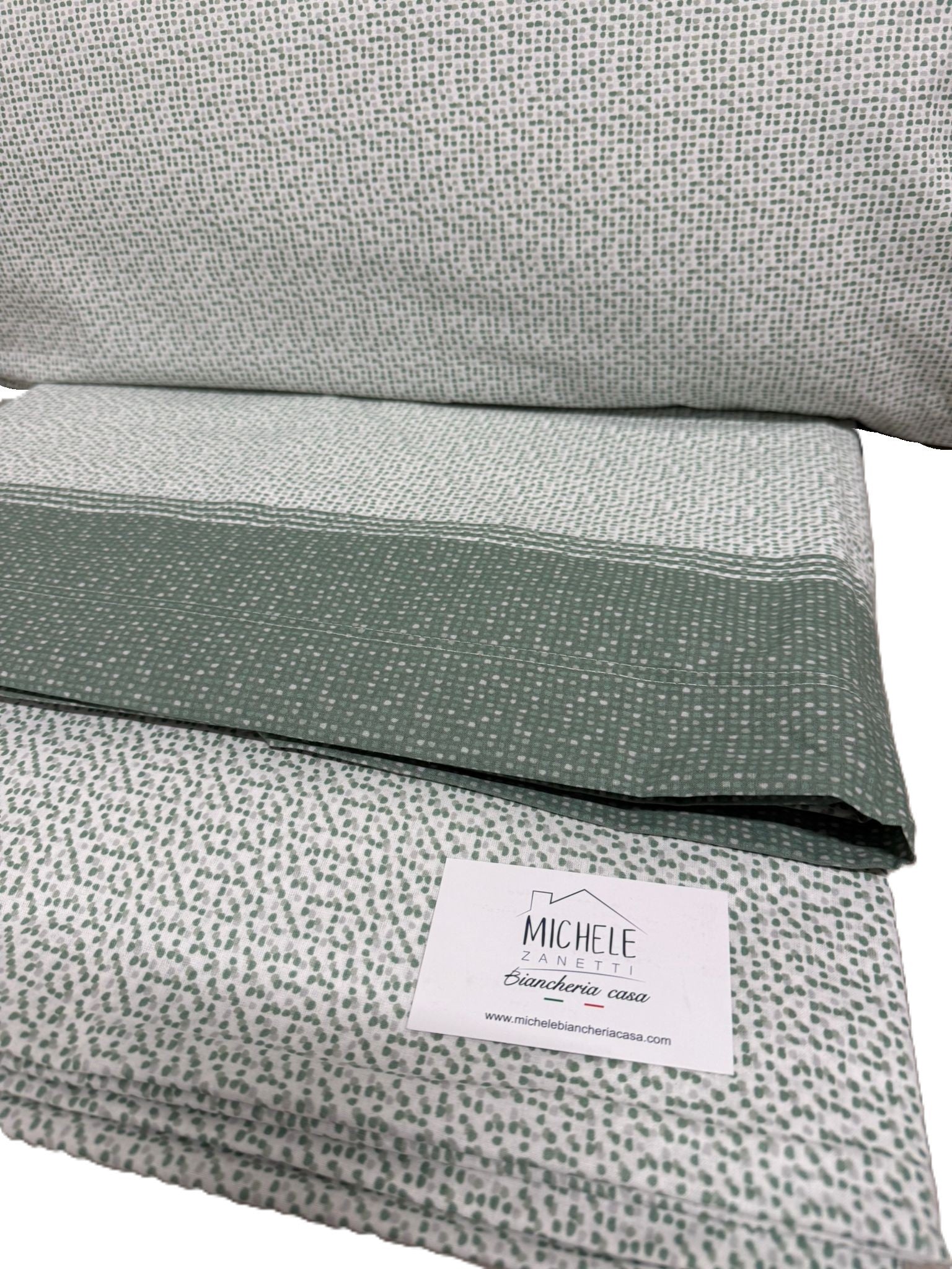 Completo Lenzuola Matrimoniale in cotone fantasia Puntinato Verde, prodotto italiano