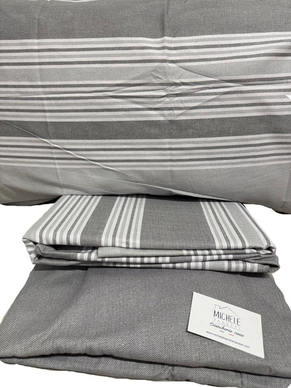 Completo Lenzuola Matrimoniale in cotone fantasia Righe colore Grigio, prodotto italiano