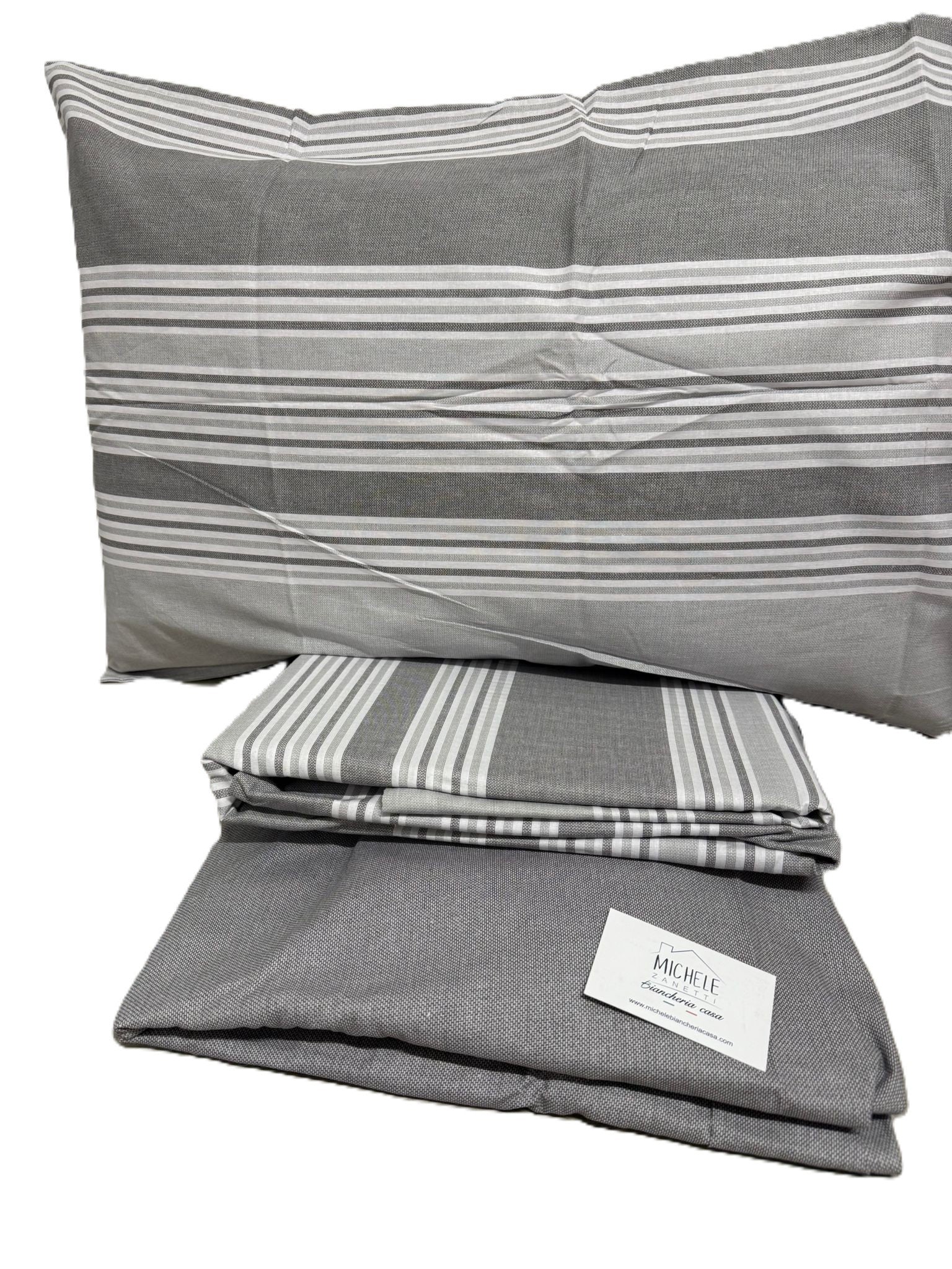 Completo Lenzuola Matrimoniale in cotone fantasia Righe colore Grigio, prodotto italiano