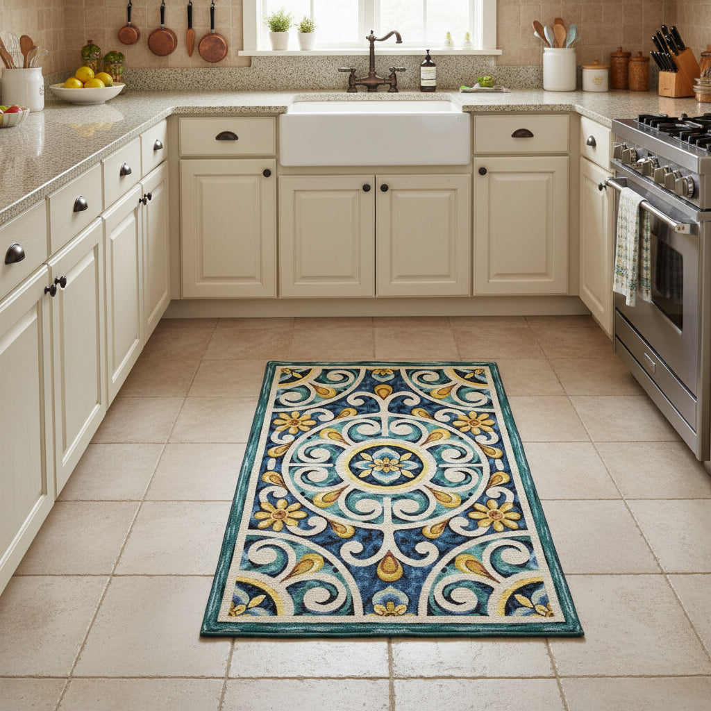 Tappeto in ciniglia con base antiscivolo serie Andalusia, colore azzurro, per la tua cucina