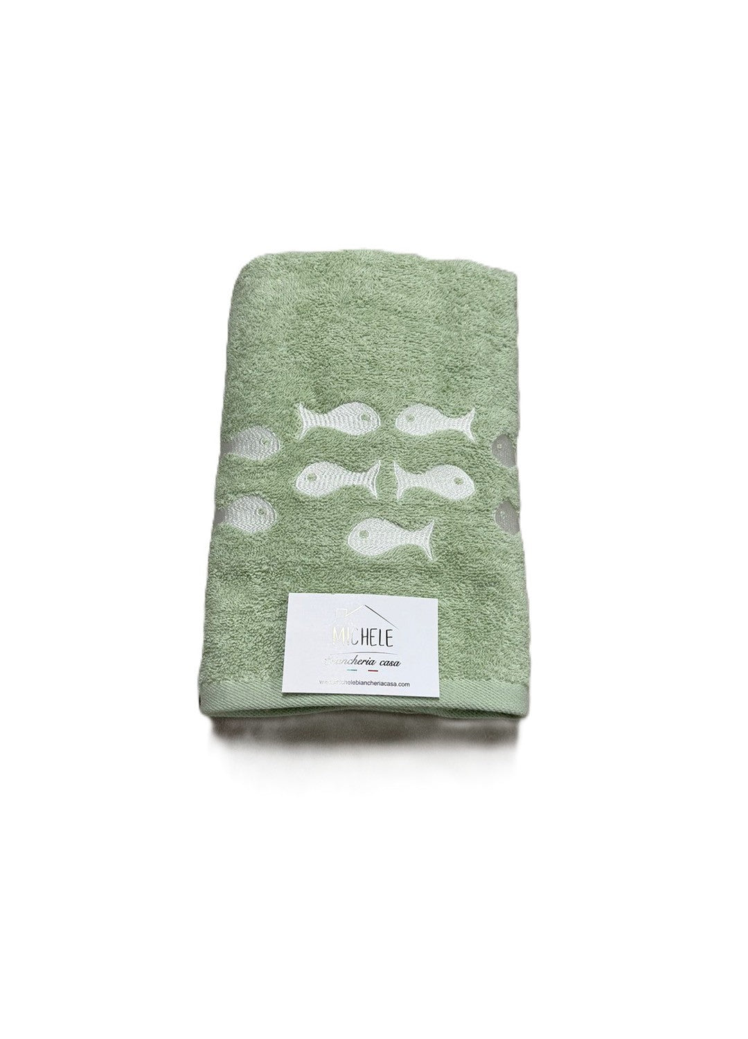 Completo asciugamani viso e ospite in cotone fantasia con pesciolini con sfondo verde