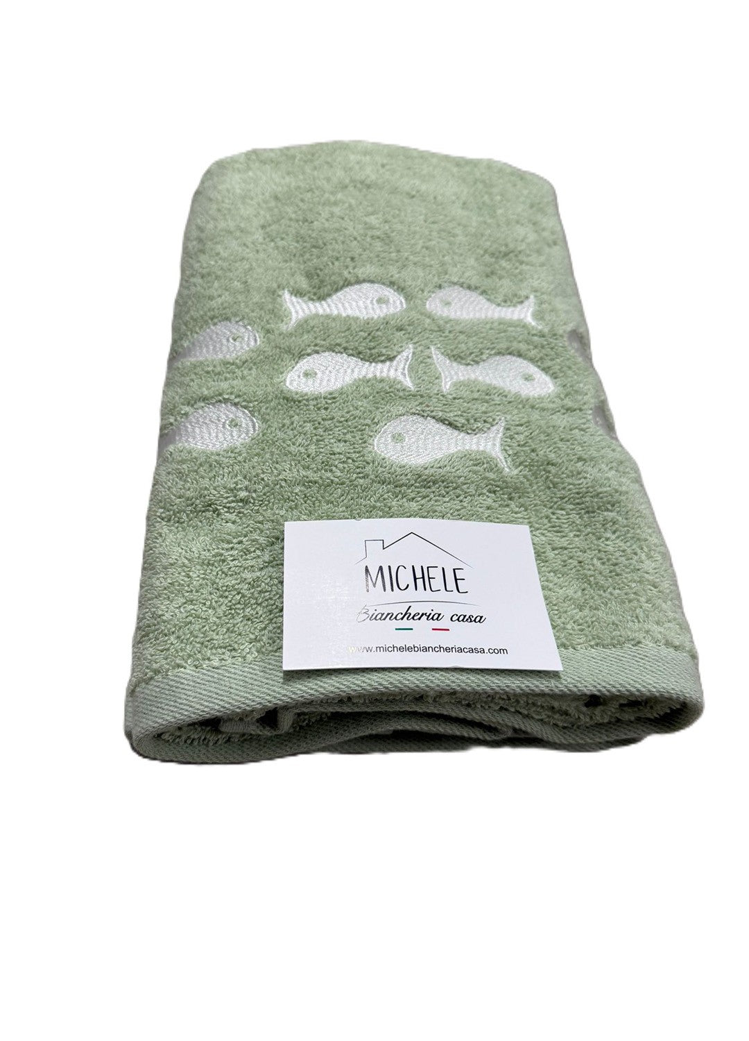 Completo asciugamani viso e ospite in cotone fantasia con pesciolini con sfondo verde