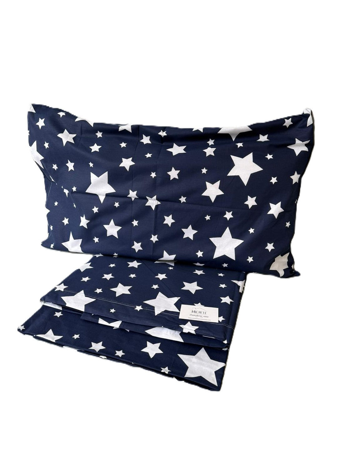 Completo Lenzuola Matrimoniale in cotone fantasia Stelle su sfondo blu, prodotto italiano