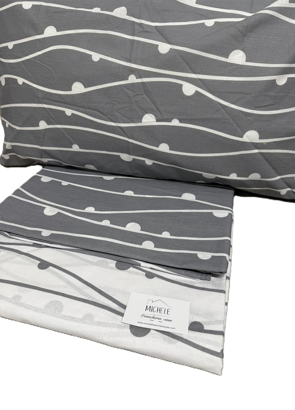 Lenzuolo Matrimoniale 100% Cotone – Fantasia Grigia con Onde e Pois Bianchi