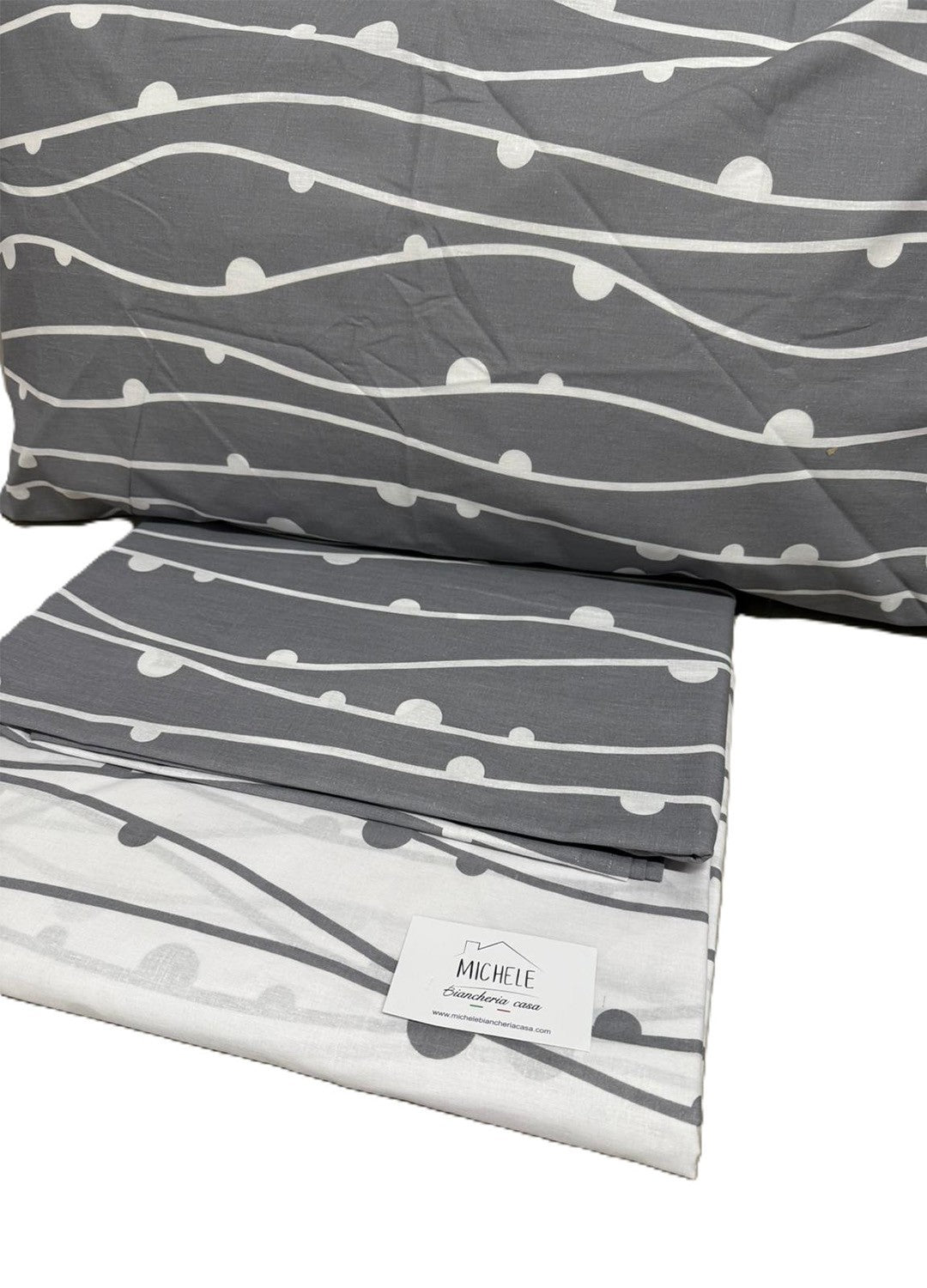 Lenzuolo Matrimoniale 100% Cotone – Fantasia Grigia con Onde e Pois Bianchi