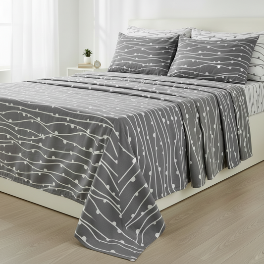 Lenzuolo Matrimoniale 100% Cotone – Fantasia Grigia con Onde e Pois Bianchi