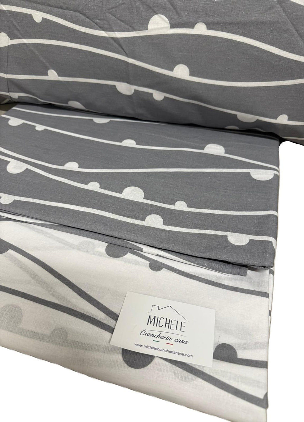 Lenzuolo Matrimoniale 100% Cotone – Fantasia Grigia con Onde e Pois Bianchi