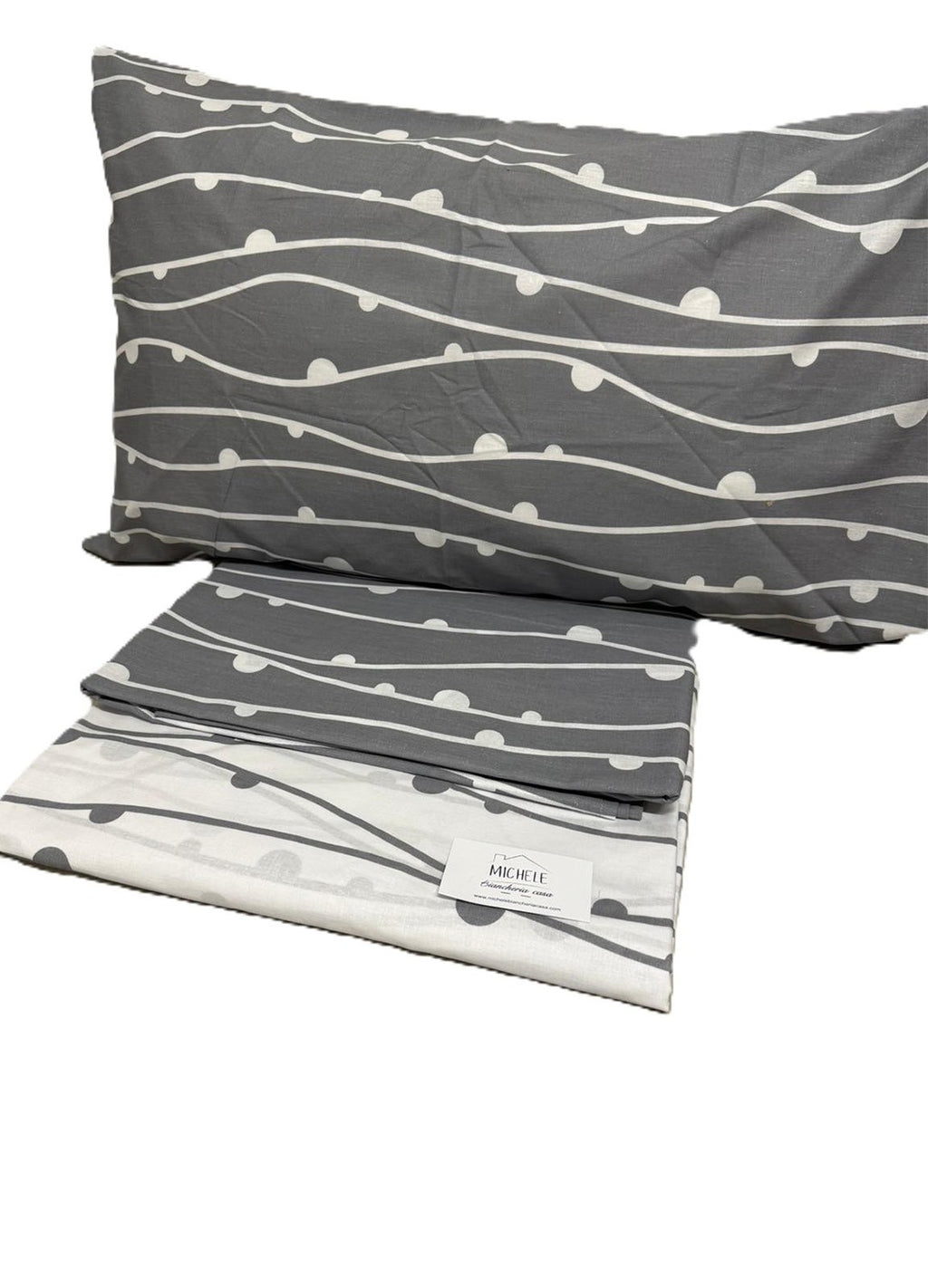 Lenzuolo Matrimoniale 100% Cotone – Fantasia Grigia con Onde e Pois Bianchi