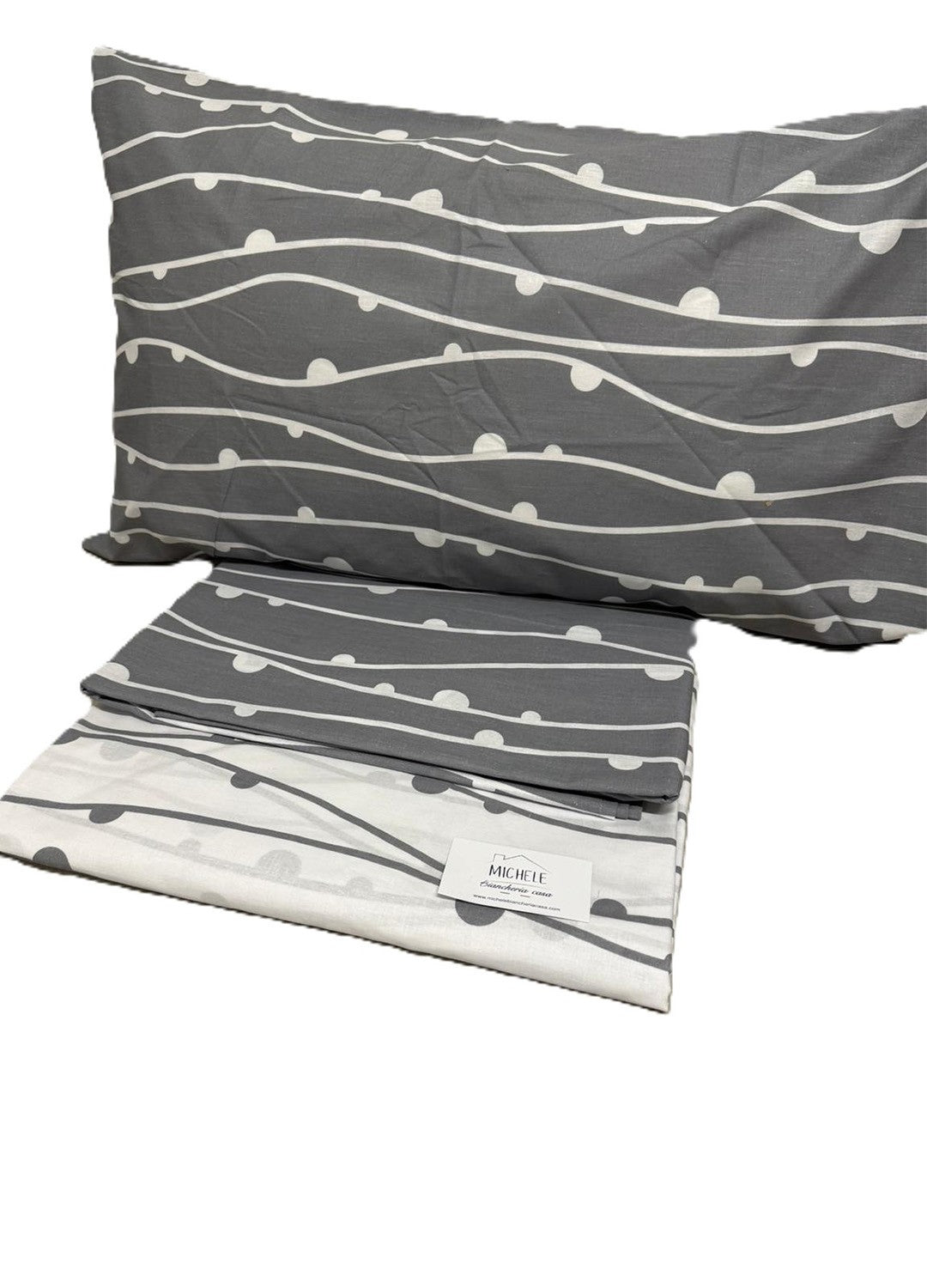Lenzuolo Matrimoniale 100% Cotone – Fantasia Grigia con Onde e Pois Bianchi