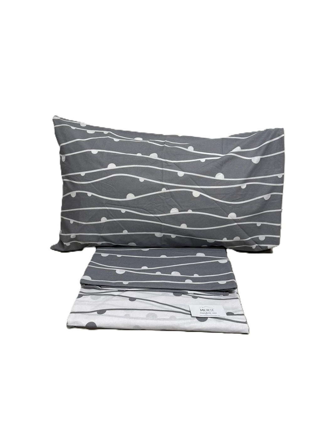 Lenzuolo Matrimoniale 100% Cotone – Fantasia Grigia con Onde e Pois Bianchi