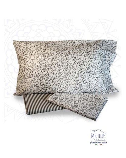 Completo Lenzuola Letto Singolo in cotone con fantasia serie Stefy, colore Beige o Grigio