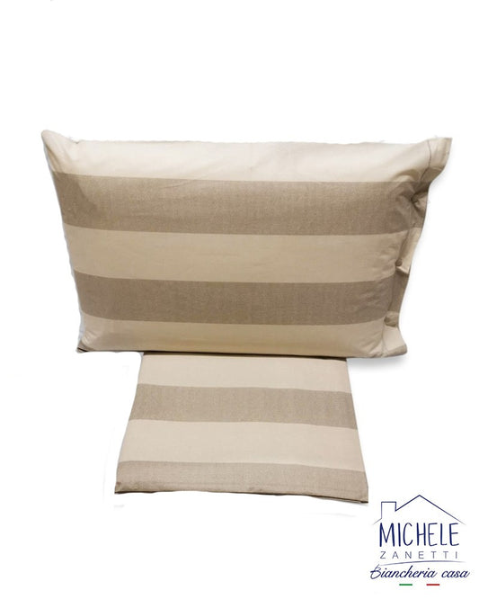 Copripiumino letto Piazza e Mezza in cotone fantasia con riga larga, colore Beige o Grigio