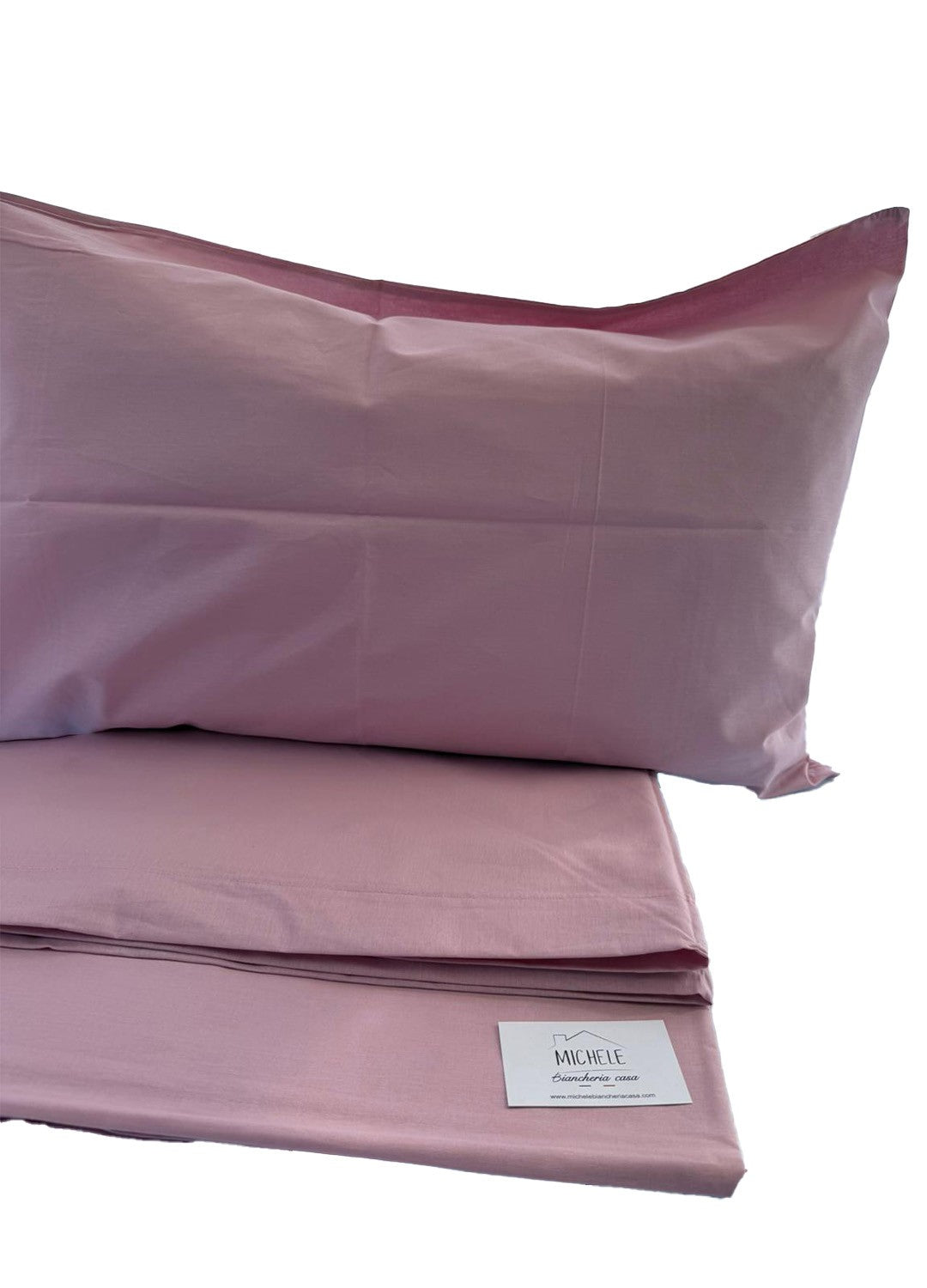 Completo lenzuola matrimoniali in tinta unita, Colore Rosa, in puro cotone, Prodotto Italiano