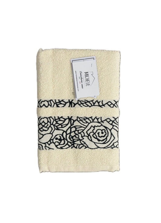 Completo Asciugamani Viso + Ospite in Spugna 100% Cotone con Motivo Floreale – Colore Panna