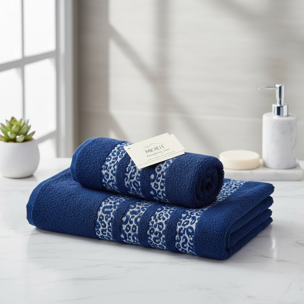 Completo Asciugamani Viso + Ospite in Spugna 100% Cotone – Colore Blu con Motivo Animalier