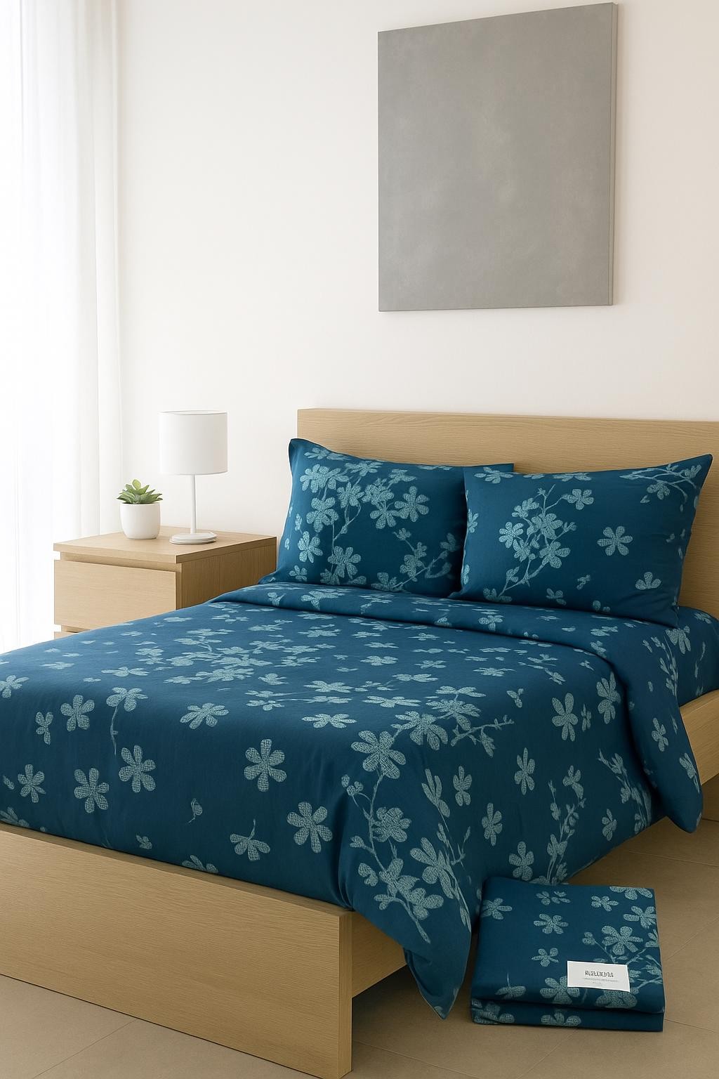 Copripiumino Matrimoniale 100% Cotone 250x200 cm con Patella 45 cm – Blu Fantasia Floreale