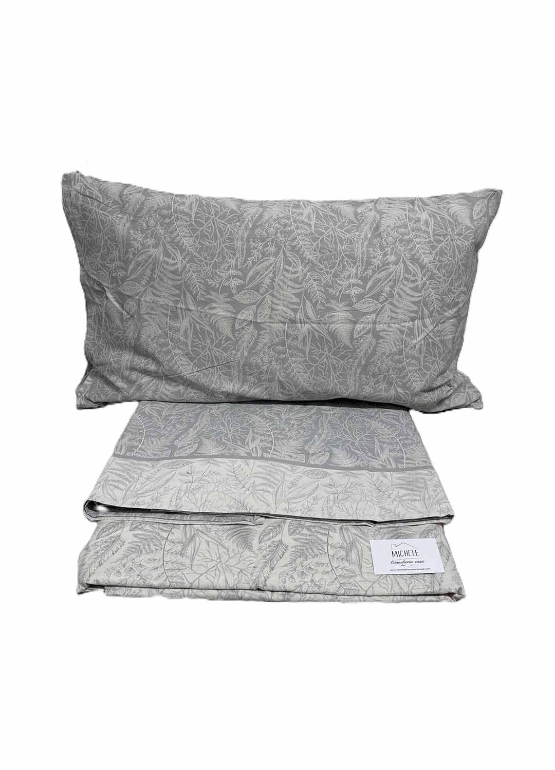 Completo Letto Matrimoniale Cotone 100% Fantasia Foglie d’Argento – Lenzuola con Federe