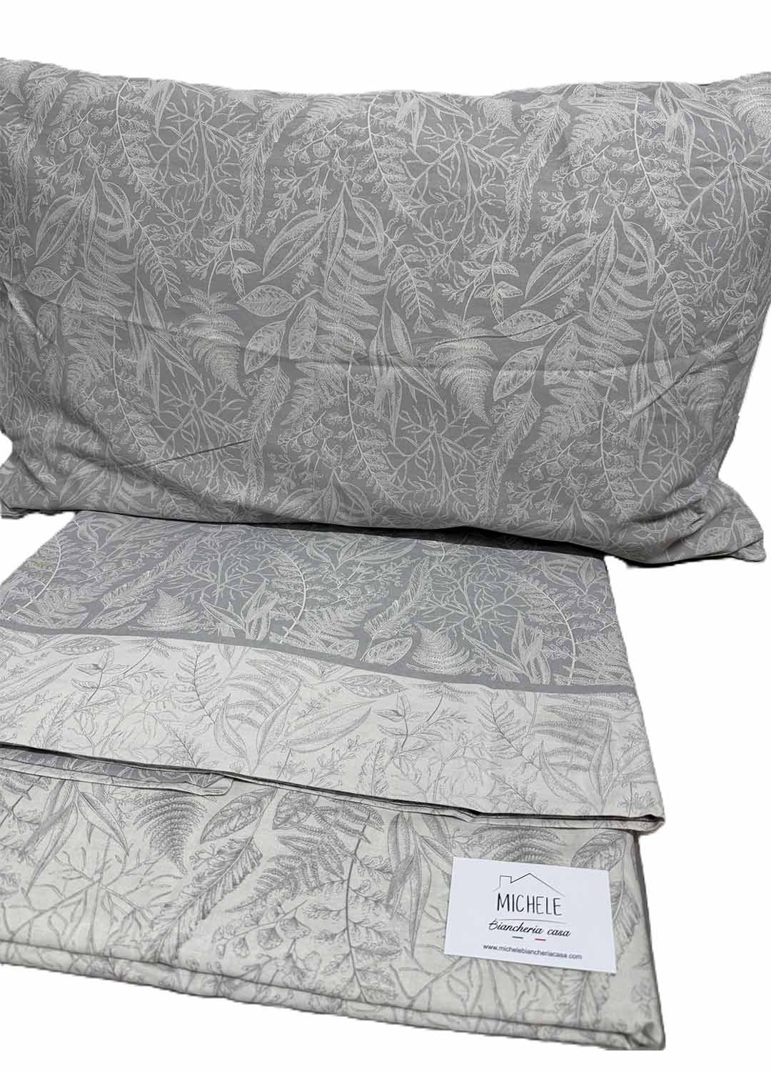 Completo Letto Matrimoniale Cotone 100% Fantasia Foglie d’Argento – Lenzuola con Federe