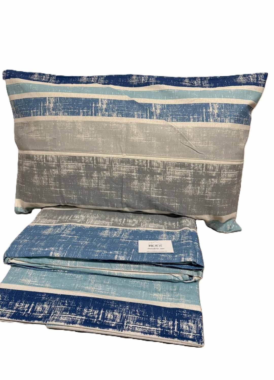 Completo Lenzuola Matrimoniale in Flanella – Fantasia Rigata Blu e Grigia