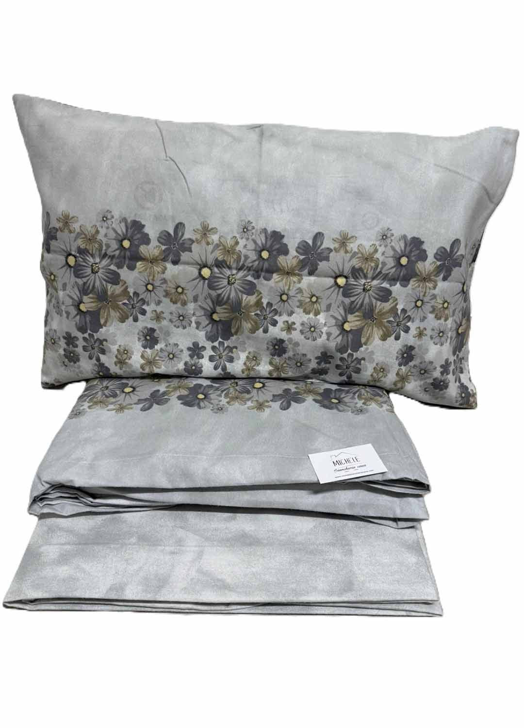 Completo Lenzuola Matrimoniale in Flanella – Fantasia Floreale Grigio Tortora