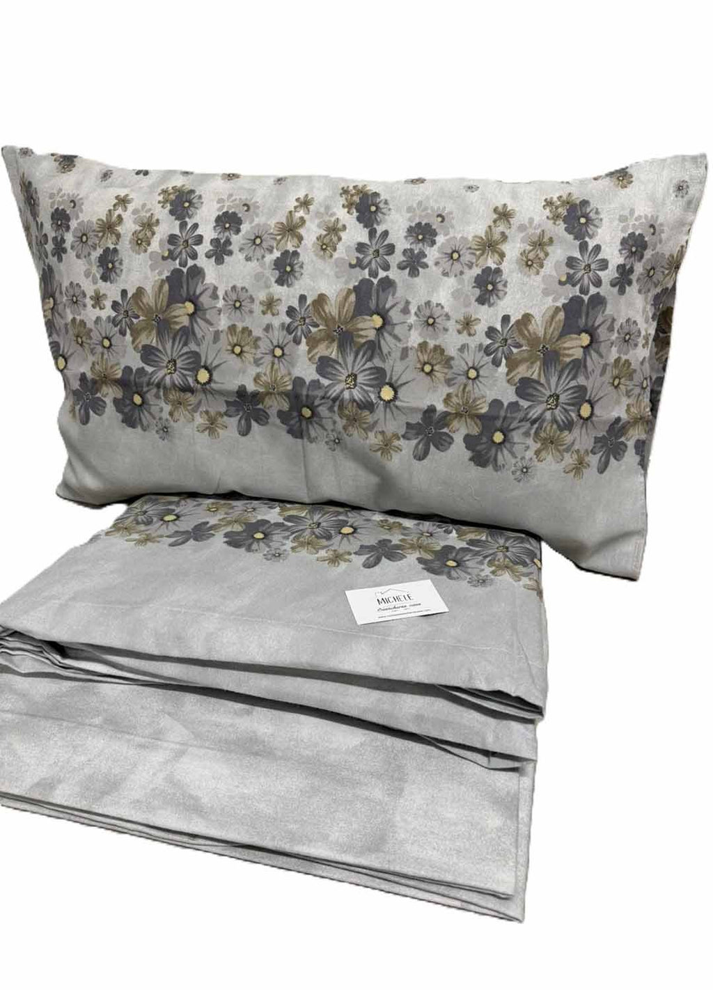 Completo Lenzuola Matrimoniale in Flanella – Fantasia Floreale Grigio Tortora