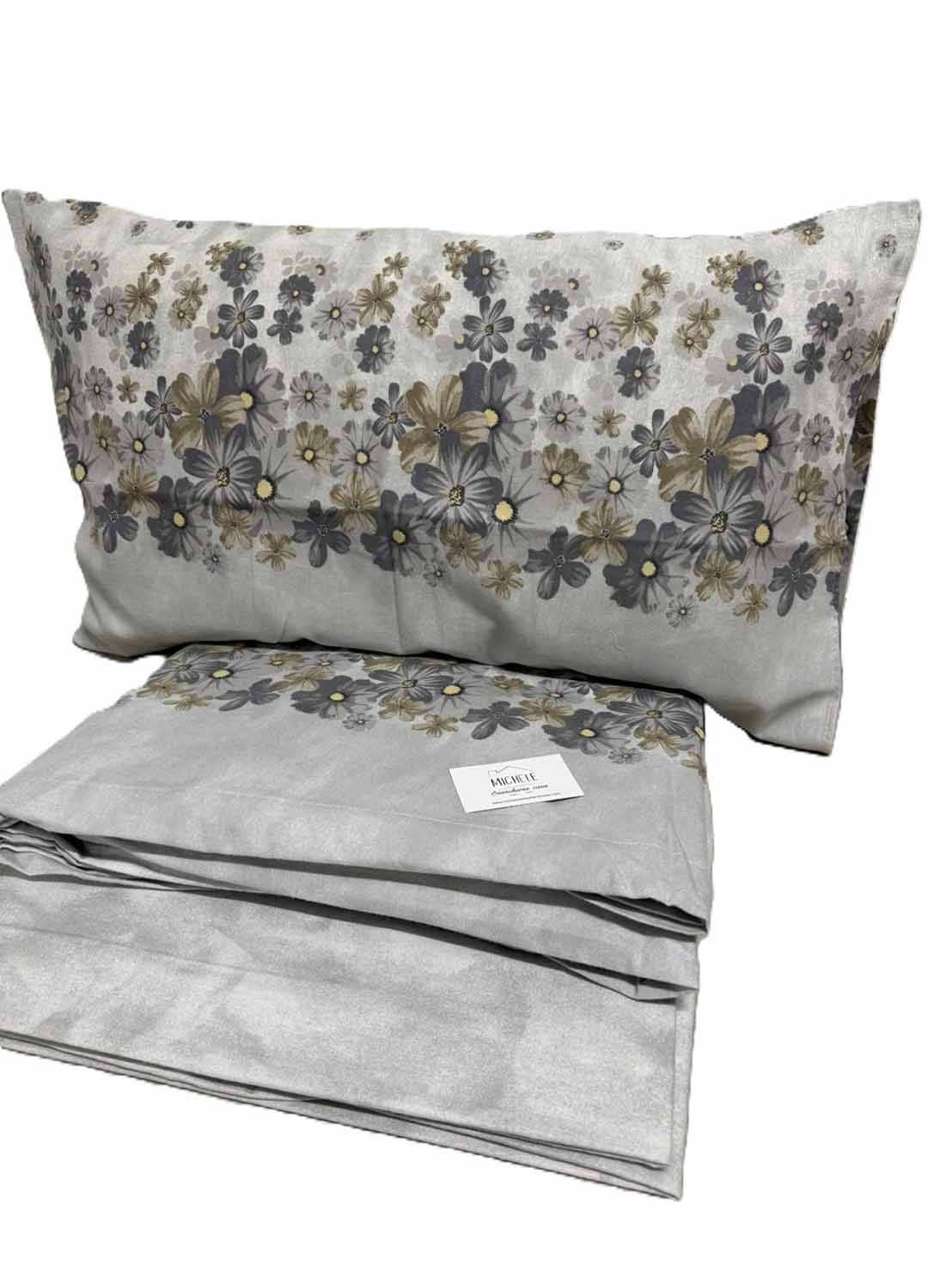 Completo Lenzuola Matrimoniale in Flanella – Fantasia Floreale Grigio Tortora