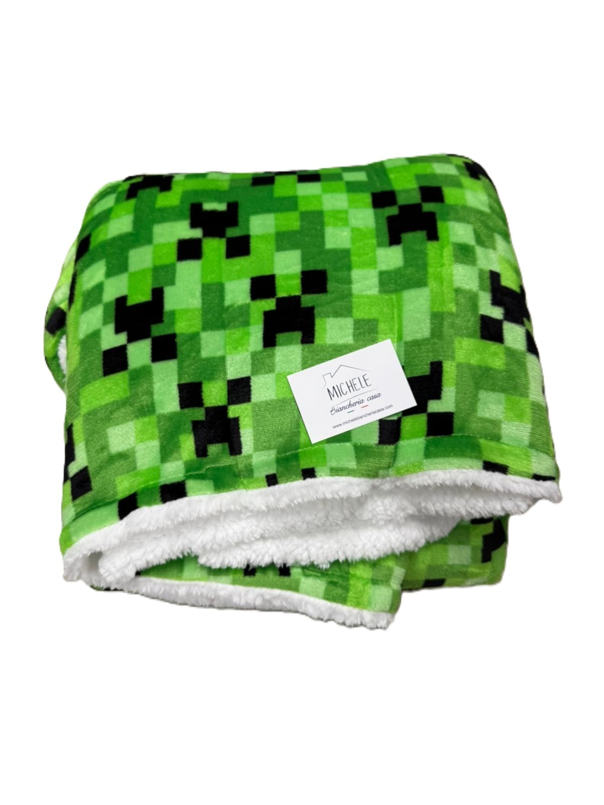 Coperta Matrimoniale Agnellata “Pixel Green” – Morbida Coral Caldo 210x230 cm
