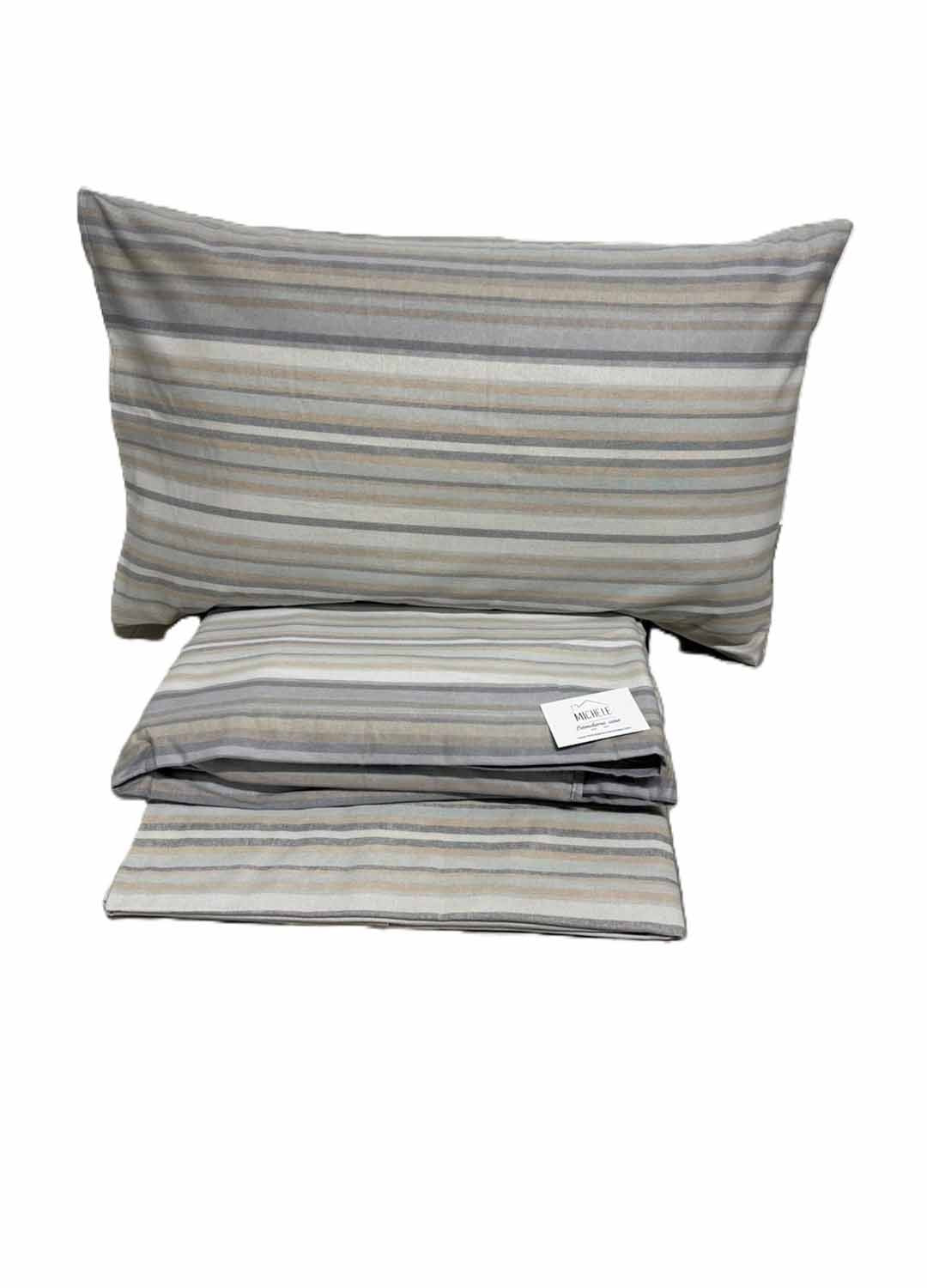 Lenzuola Matrimoniali in Flanella “Righe Elegance Beige & Grigio” – 100% Cotone Morbido Made in Italy