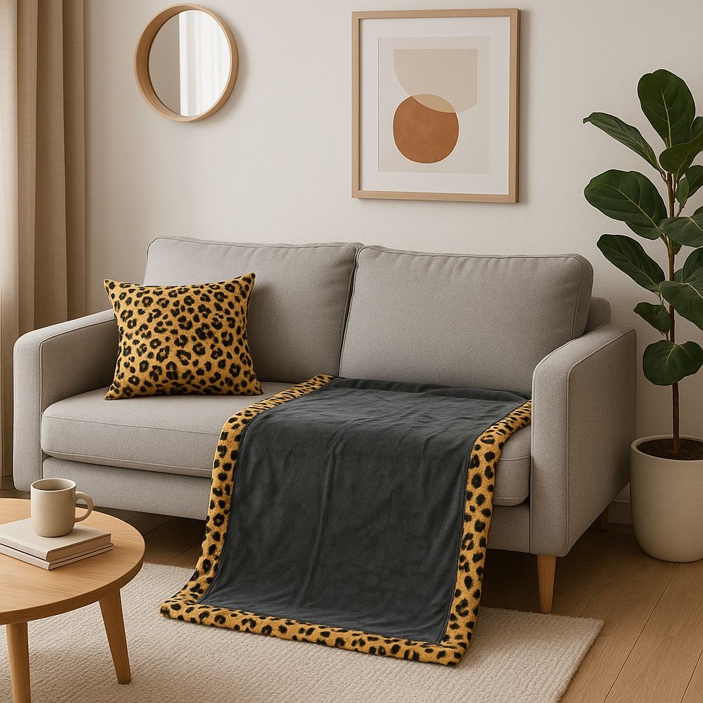 Plaid 130x160 cm in Flanella Morbida con Cuscino 40x40 – Fantasia Animalier Leopardo