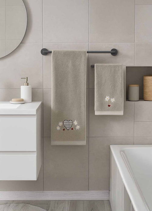 Completo asciugamani viso e ospite in cotone, colore beige, fantasia Tirolese