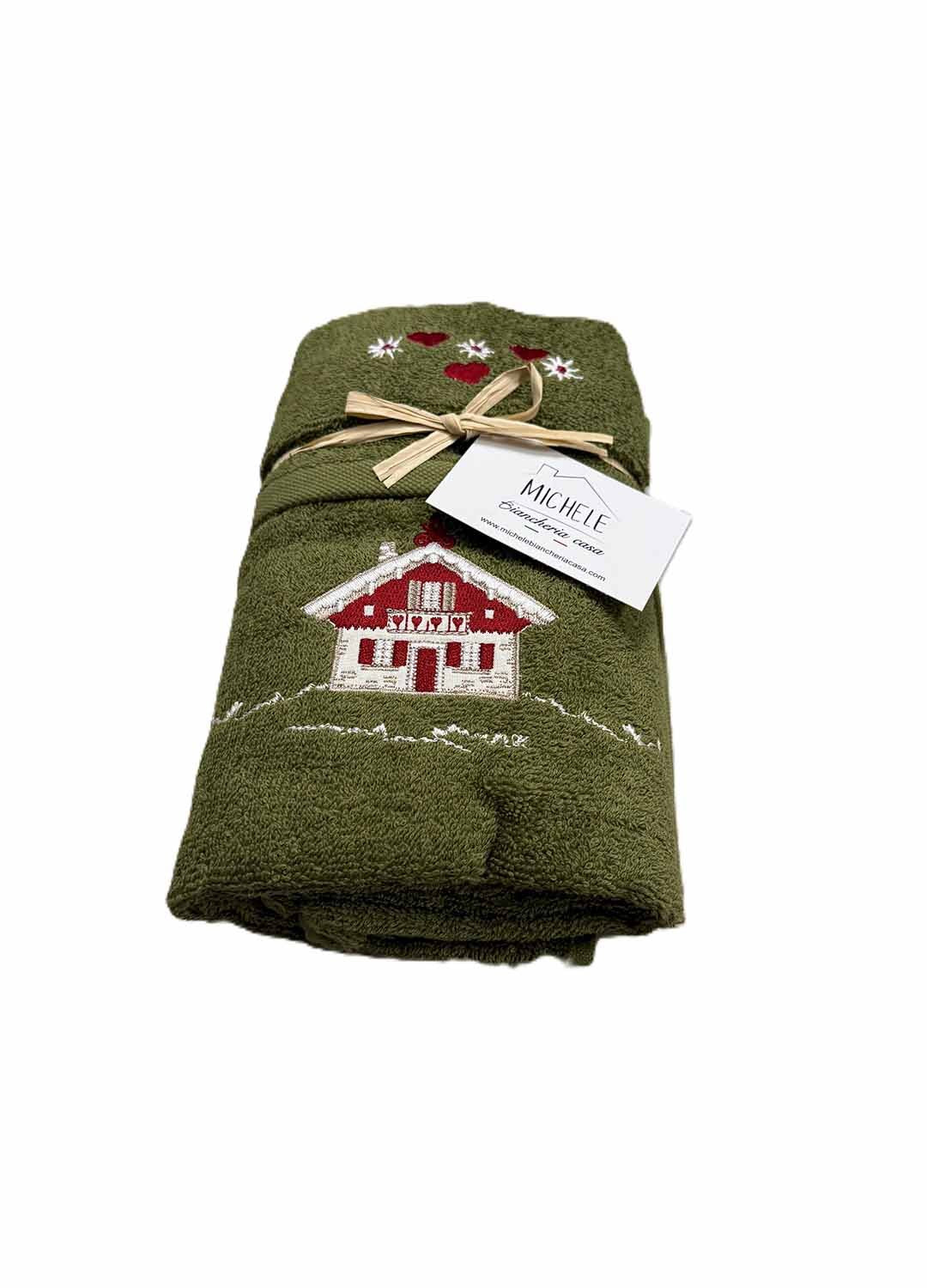 Completo asciugamani viso e ospite in cotone, colore verde oliva, fantasia con Casetta