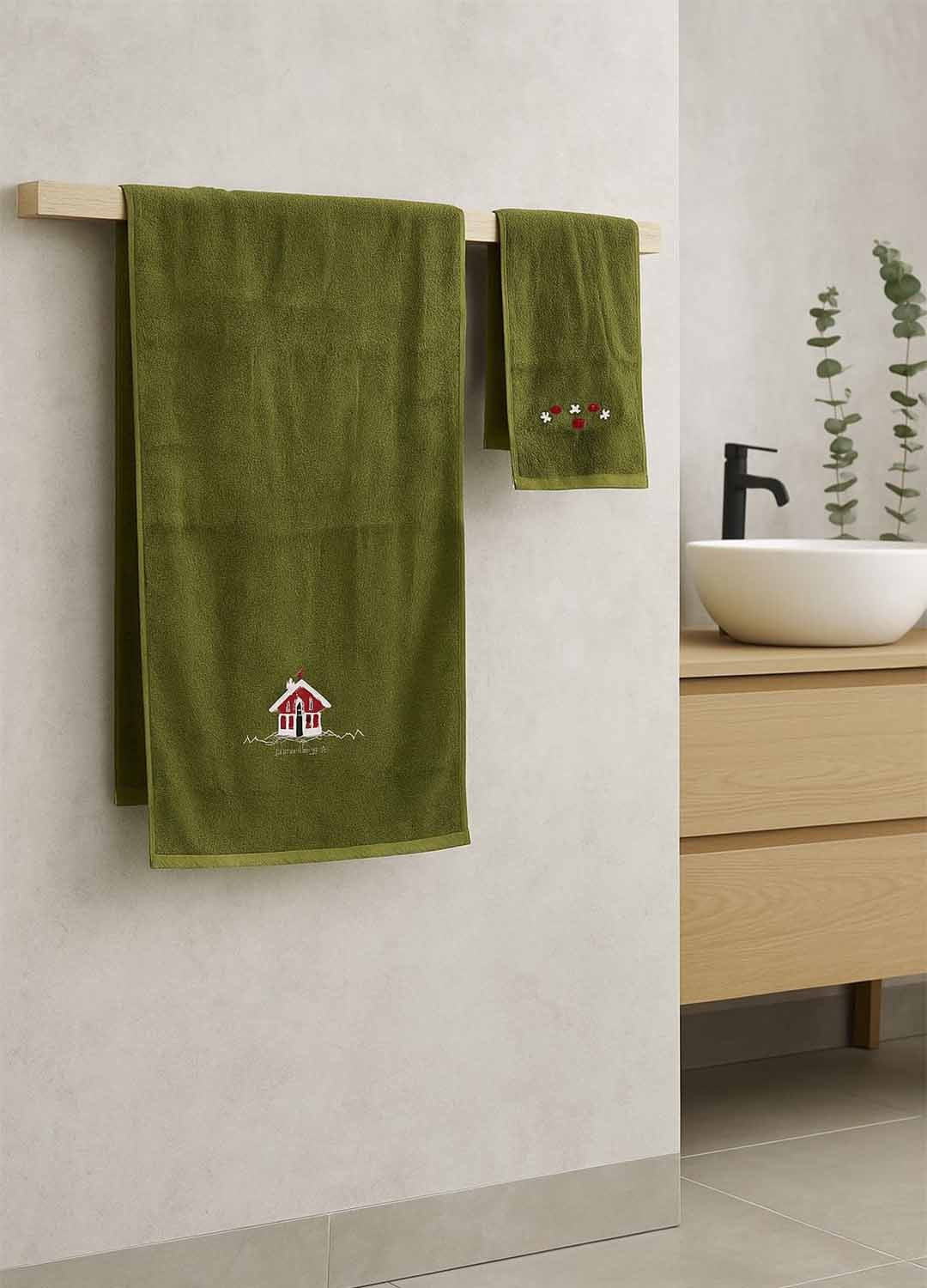 Completo asciugamani viso e ospite in cotone, colore verde oliva, fantasia con Casetta