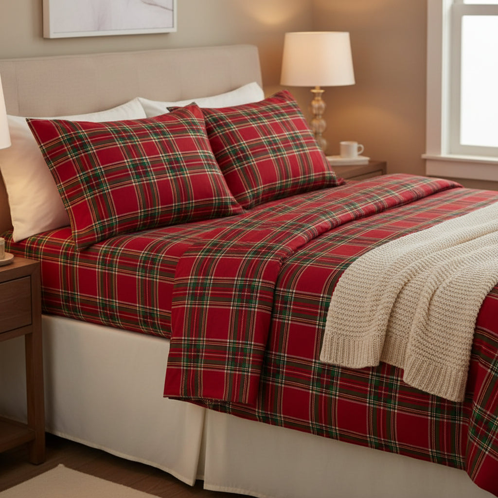 Lenzuola Matrimoniali 100% Cotone “Tartan Rosso Classic” – Set Letto Scozzese Elegante Made in Italy
