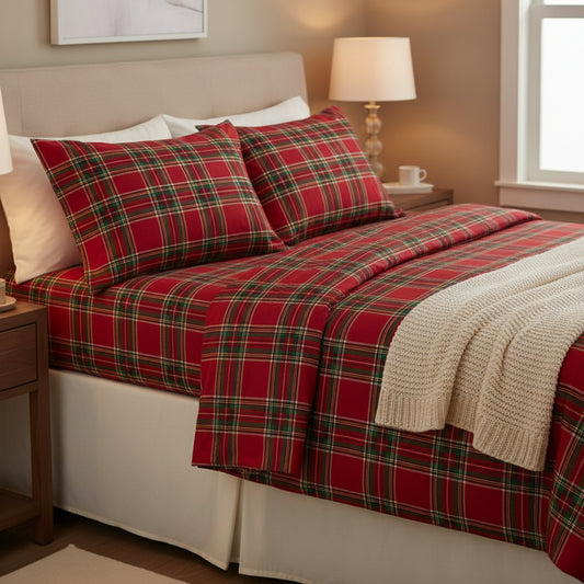 Lenzuola Matrimoniali 100% Cotone “Tartan Rosso Classic” – Set Letto Scozzese Elegante Made in Italy