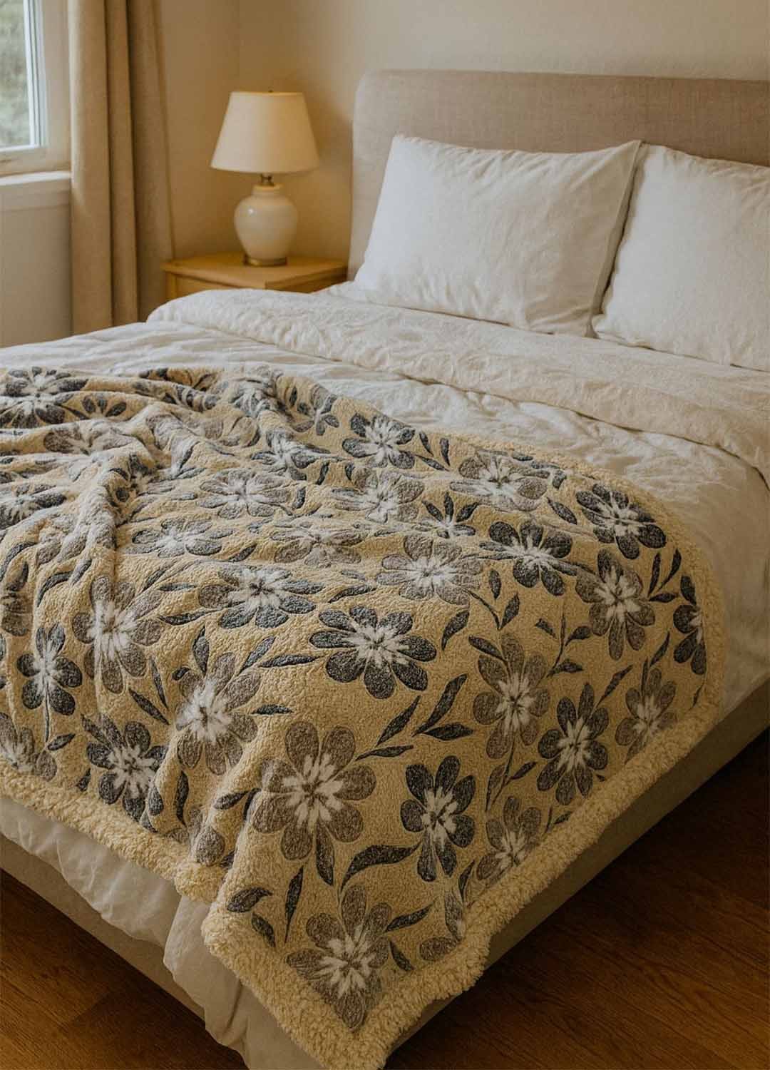 Coperta Calda Invernale Double Face Agnellata – Fantasia Floreale Beige e Grigio