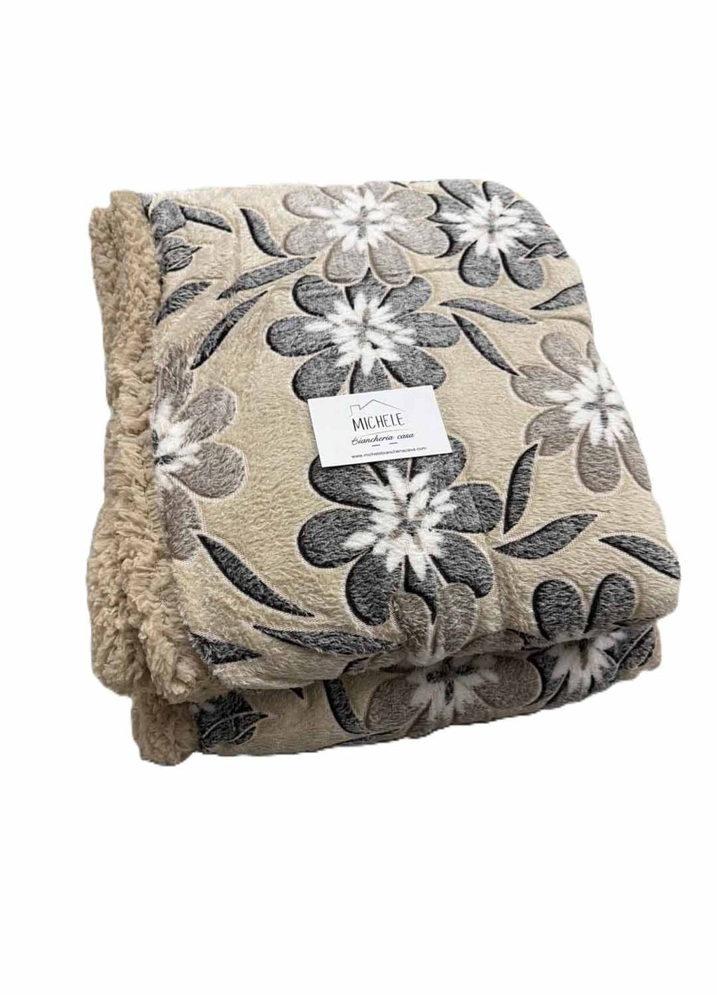 Coperta Calda Invernale Double Face Agnellata – Fantasia Floreale Beige e Grigio