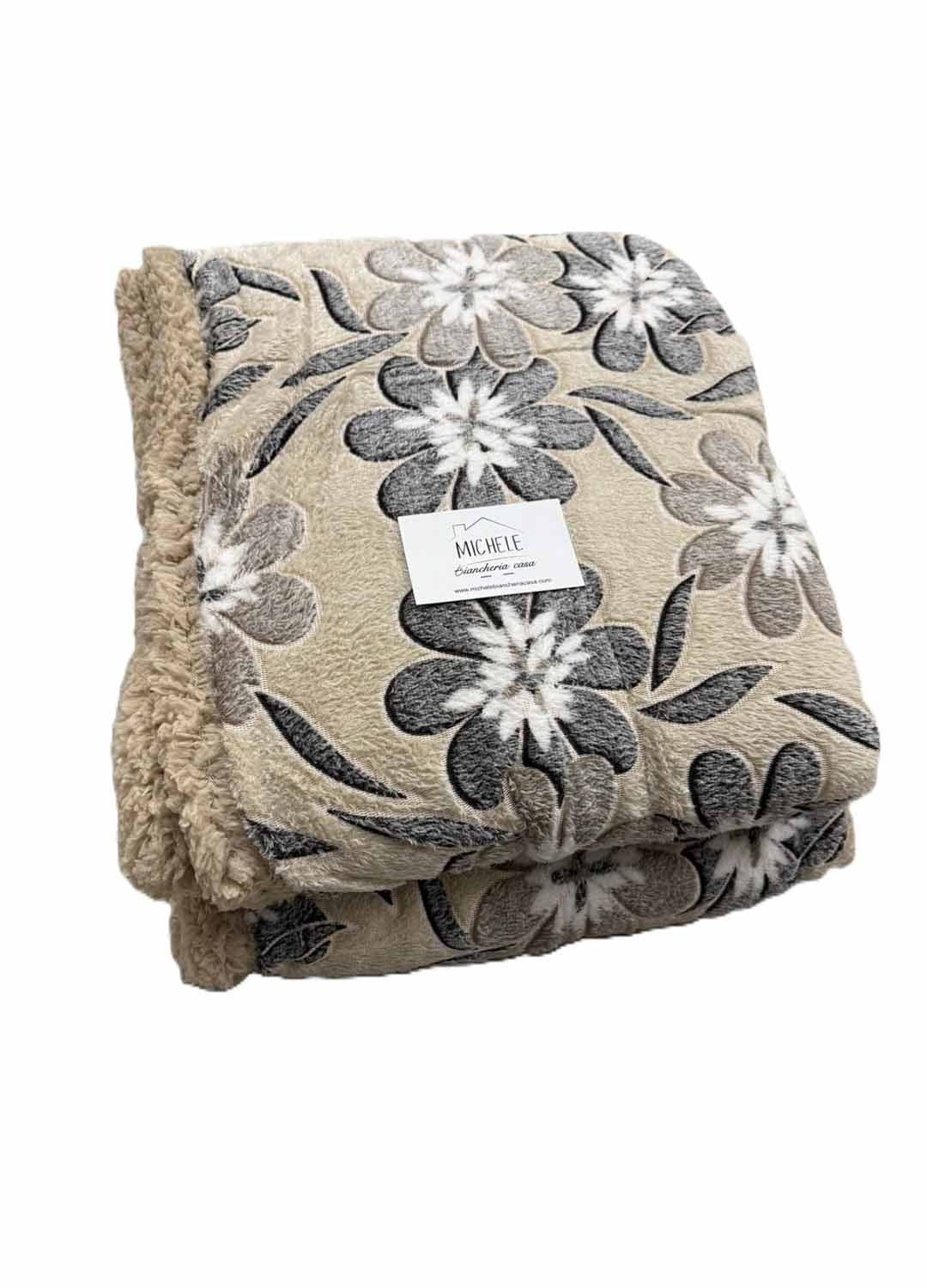 Coperta Calda Invernale Double Face Agnellata – Fantasia Floreale Beige e Grigio