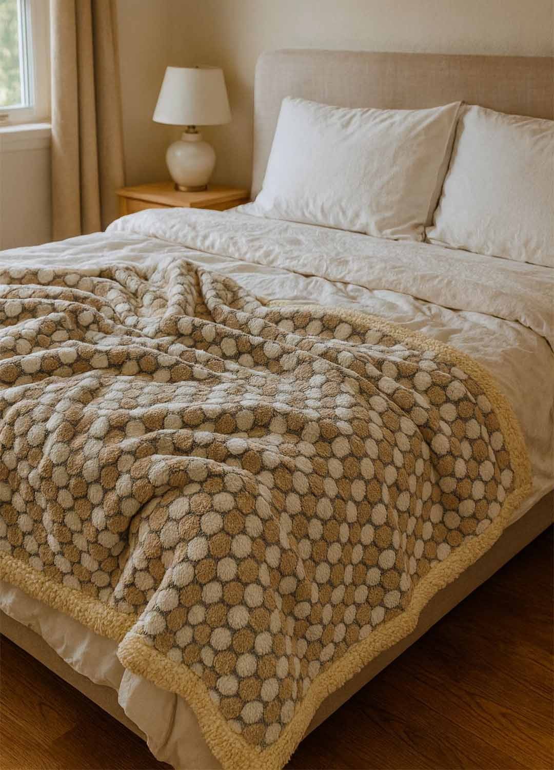 Coperta Invernale Double Face Agnellata – Fantasia Pois Beige – Morbida e Calda