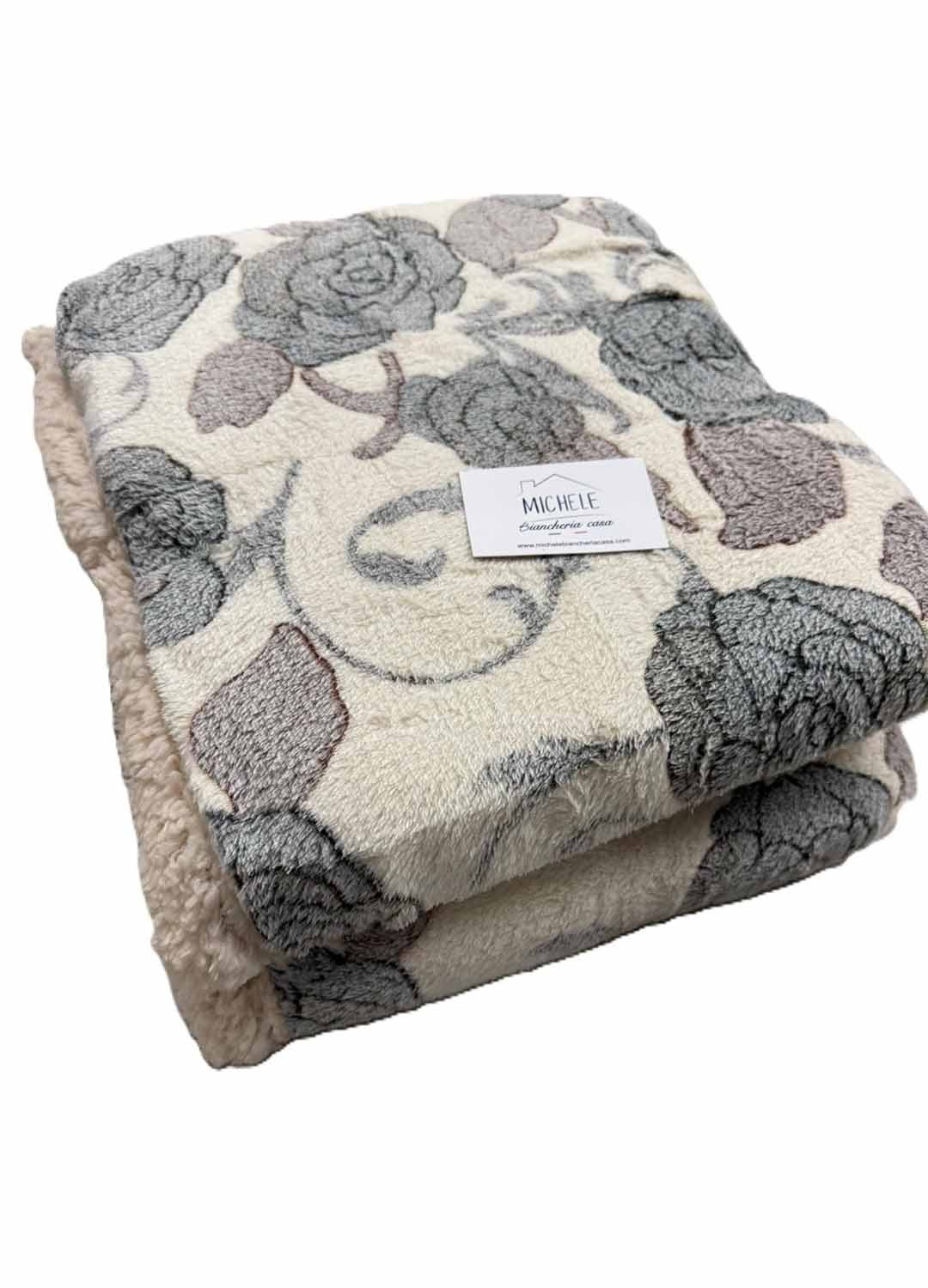 Coperta Invernale Double Face Agnellata – Fantasia Rose Beige e Grigio – Morbida e Calda