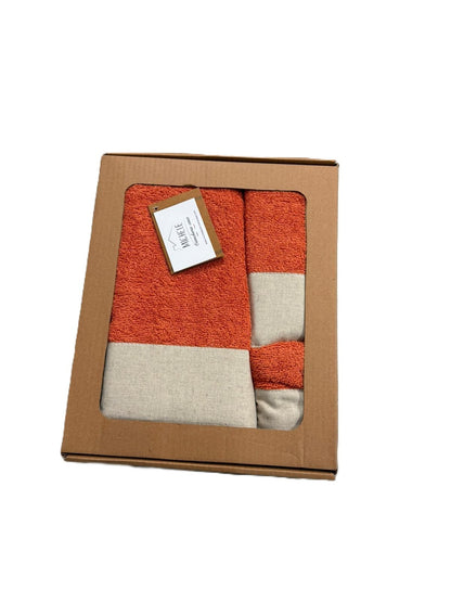 Set 3 Asciugamani Viso + Ospite + Telo Bagno in Spugna 500g con Balza in Lino – 100% Cotone -Colore Arancione