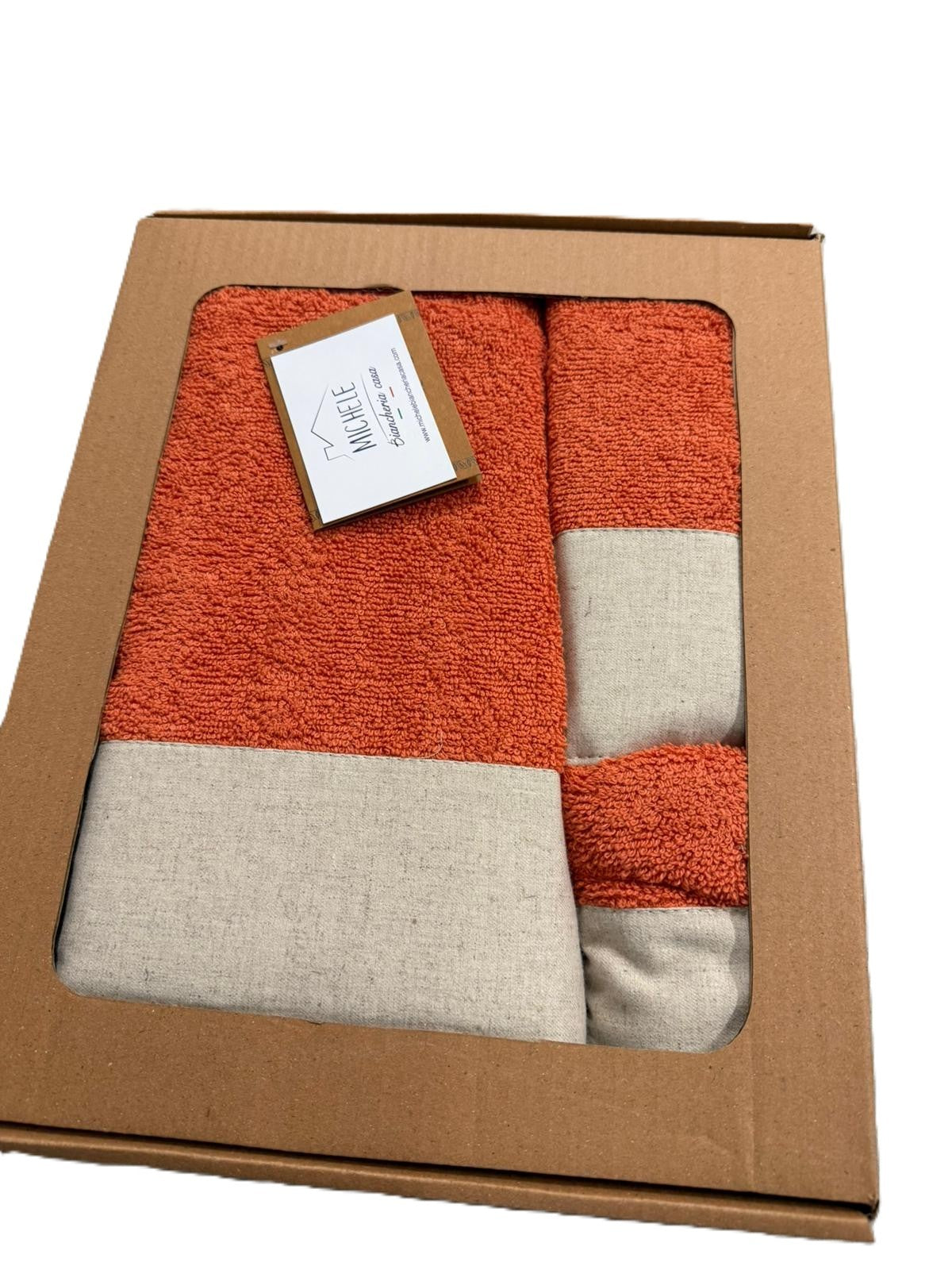 Set 3 Asciugamani Viso + Ospite + Telo Bagno in Spugna 500g con Balza in Lino – 100% Cotone -Colore Arancione