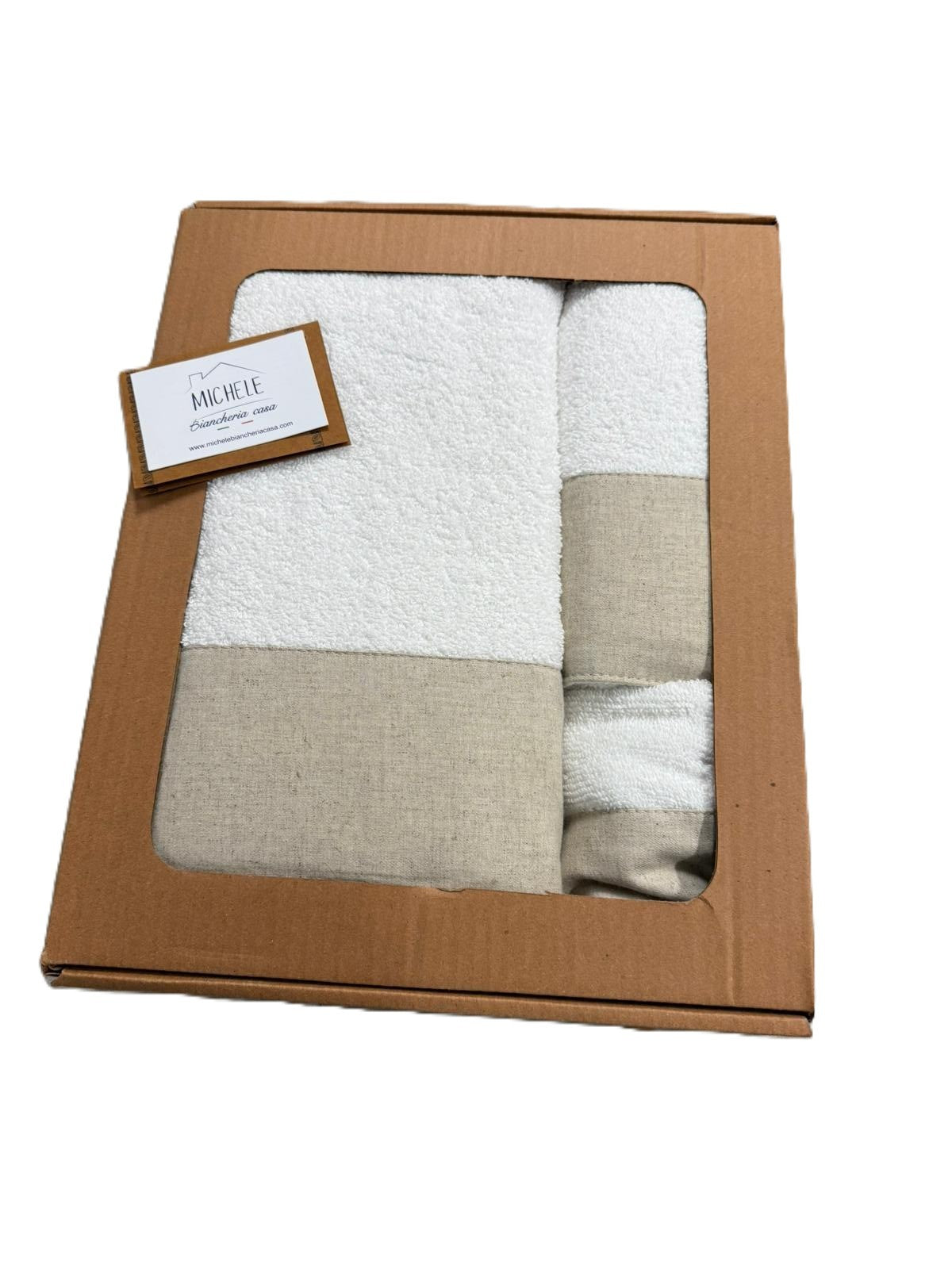 Set 3 Asciugamani Viso + Ospite + Telo Bagno in Spugna 500g con Balza in Lino – 100% Cotone -Colore Bianco