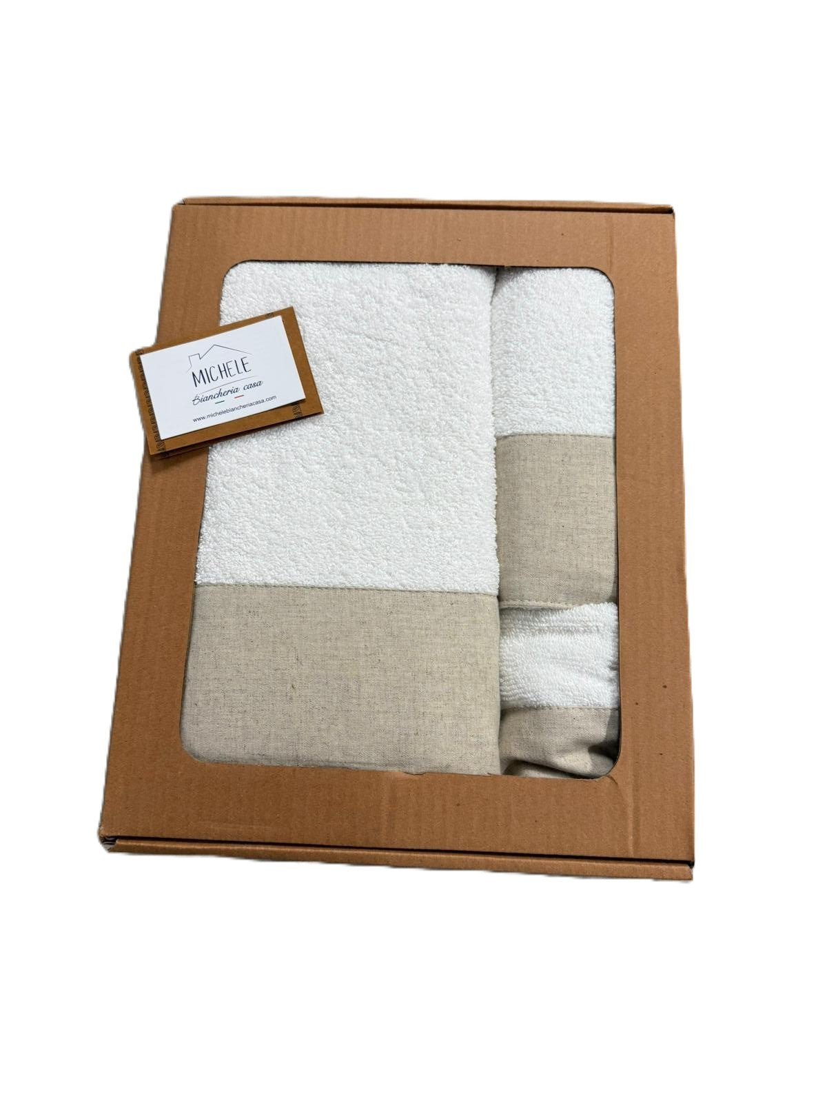 Set 3 Asciugamani Viso + Ospite + Telo Bagno in Spugna 500g con Balza in Lino – 100% Cotone -Colore Bianco