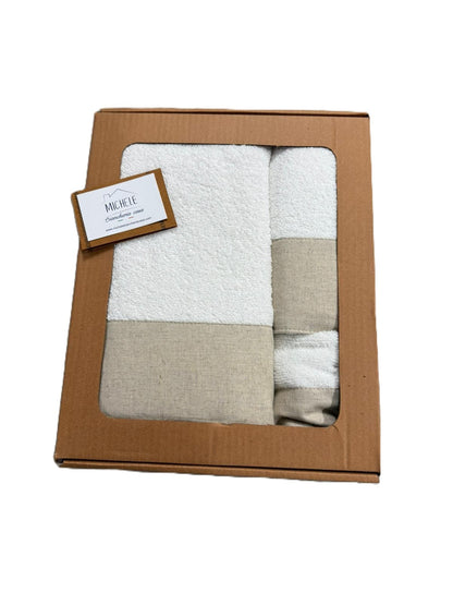 Set 3 Asciugamani Viso + Ospite + Telo Bagno in Spugna 500g con Balza in Lino – 100% Cotone -Colore Bianco