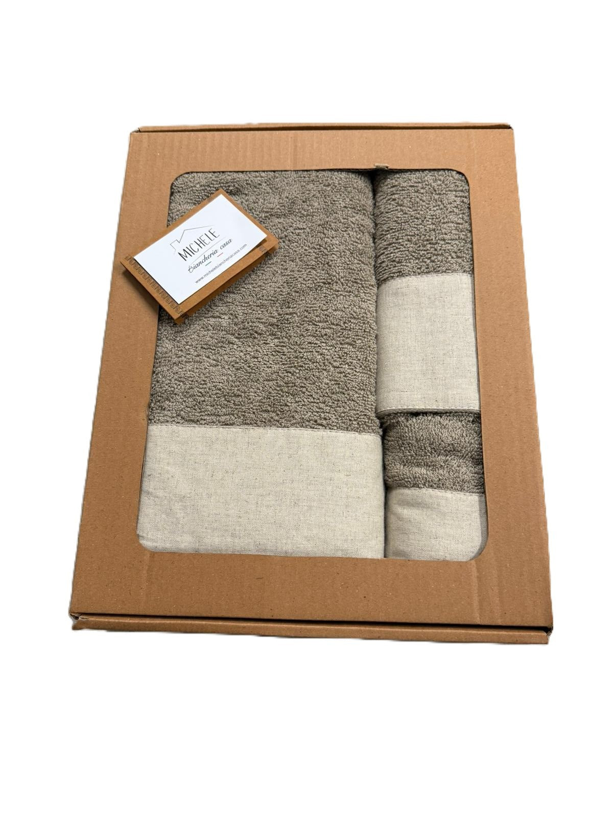 Set 3 Asciugamani Viso + Ospite + Telo Bagno in Spugna 500g con Balza in Lino – 100% Cotone -Colore Marrone