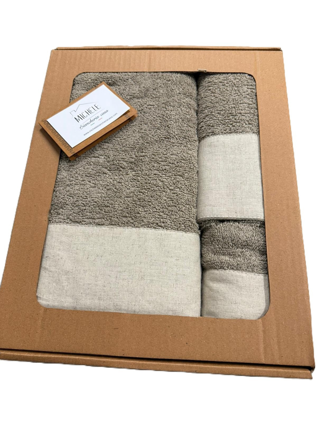 Set 3 Asciugamani Viso + Ospite + Telo Bagno in Spugna 500g con Balza in Lino – 100% Cotone -Colore Marrone