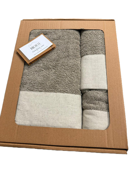 Set 3 Asciugamani Viso + Ospite + Telo Bagno in Spugna 500g con Balza in Lino – 100% Cotone -Colore Marrone