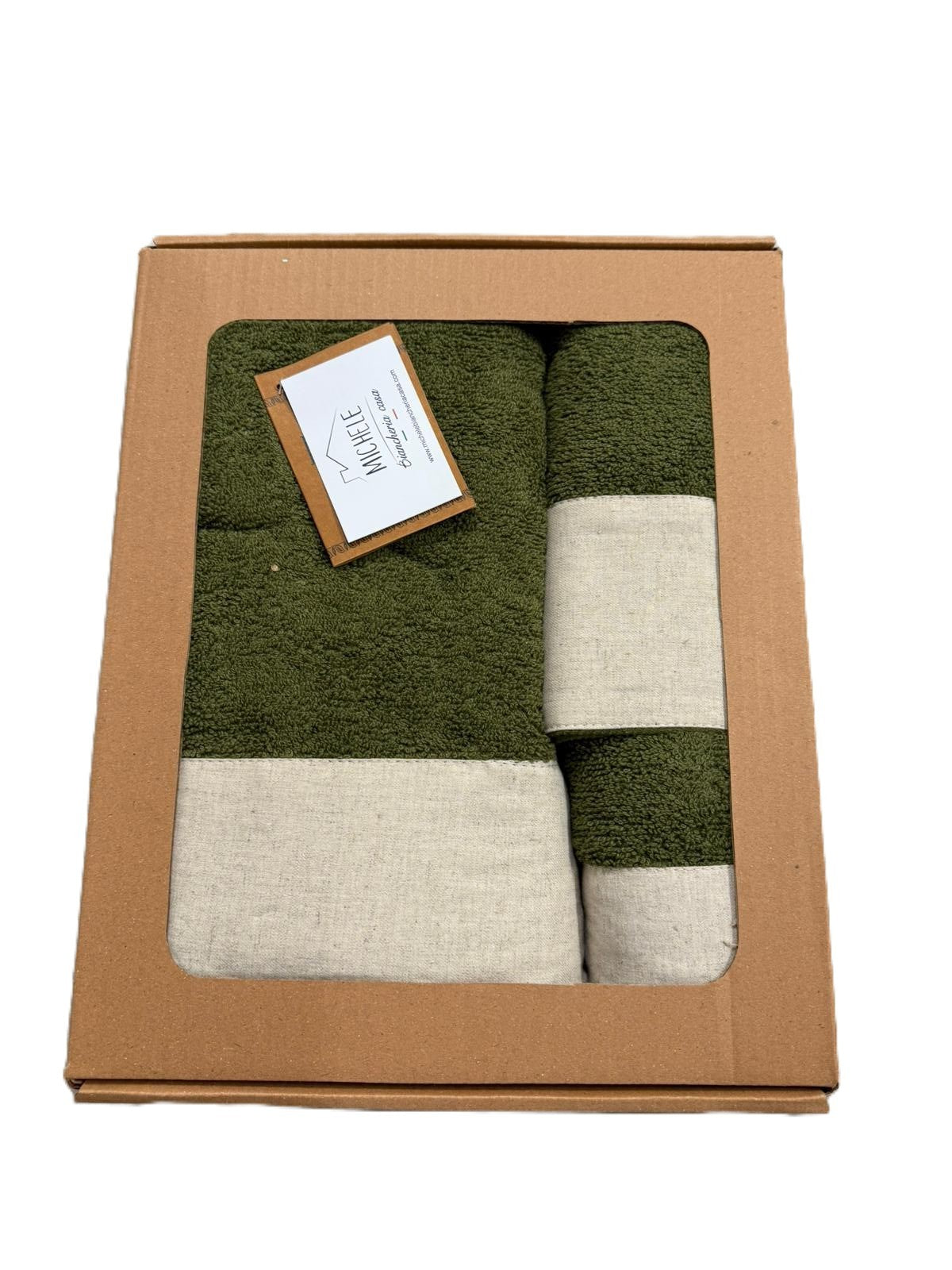 Set 3 Asciugamani Viso + Ospite + Telo Bagno in Spugna 500g con Balza in Lino – 100% Cotone -Colore Verde Scuro